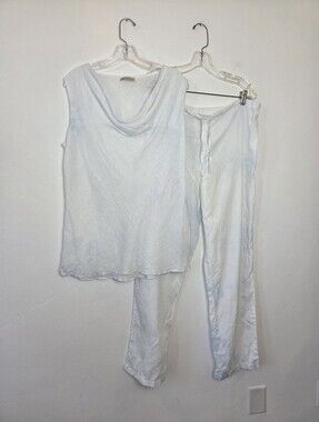 *Flawed* Puro Lino White Linen Set Pants Blouse Beach Summer Lagenlook XXL